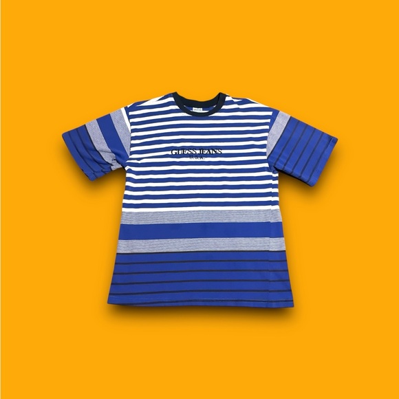 GUESS Jeans Men's Blue striped T-shirt embroidered Logo Men’s Medium - Picture 2 of 5